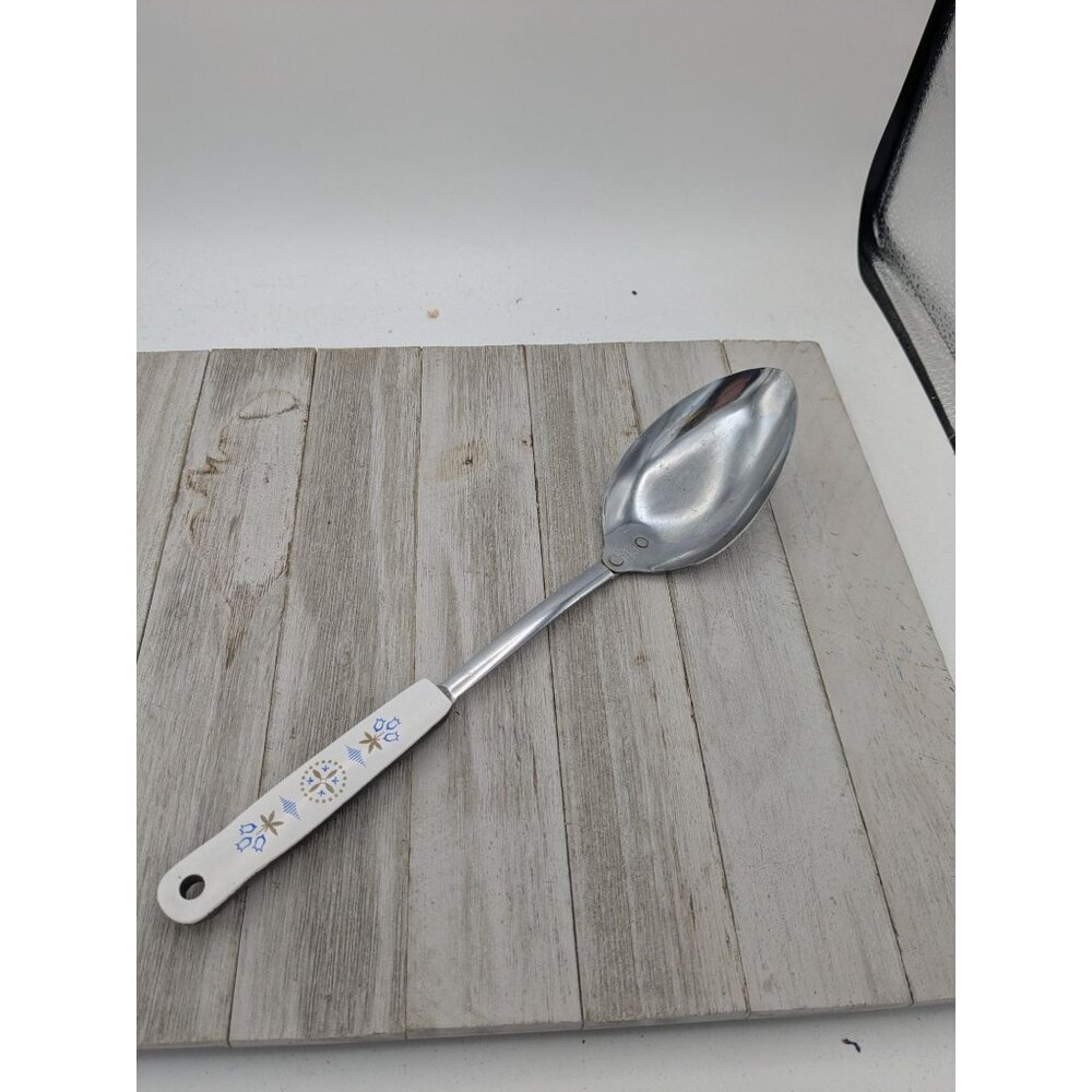 Vintage EKCO Solid Serving Spoon Kitchen Utensil White Flower Handle 11 3/4"